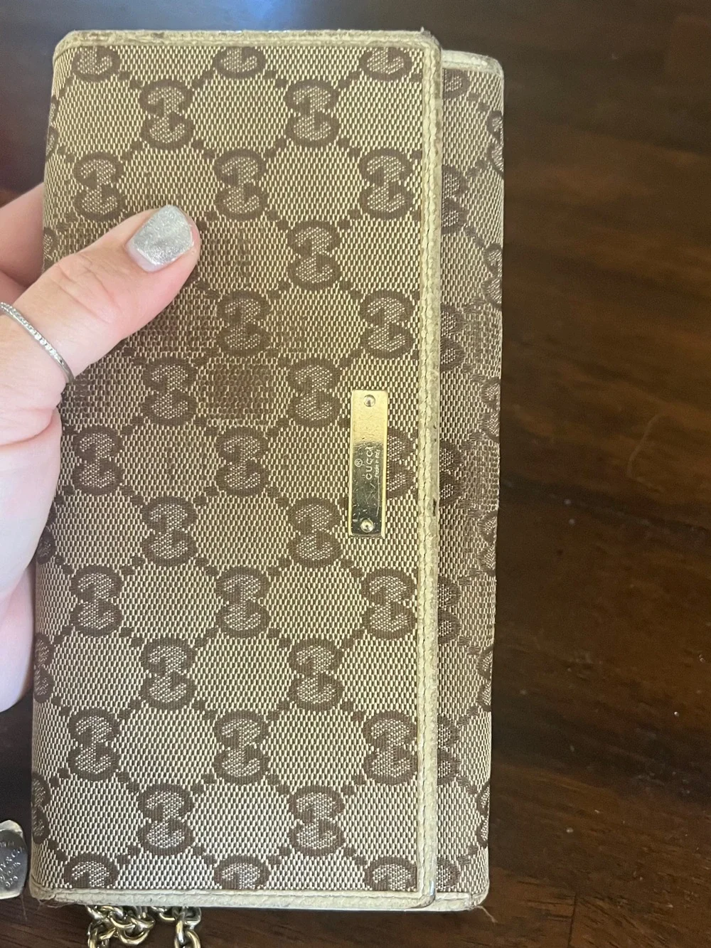 Gucci Brown Beige Monogram Canvas Chain Clutch